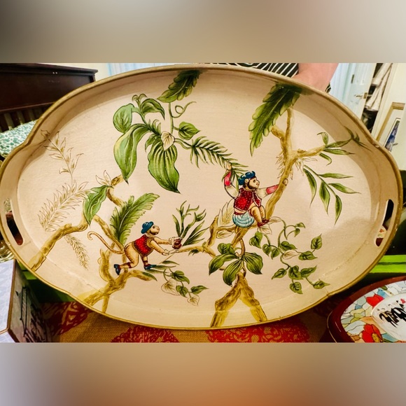 Large Oval Hand Painted tray with handles Tropical Monkey Design - Picture 3 of 5